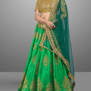 Exclusive Green Banglori Satin Jari Embroidery Lehenga by Globaltipsgroup