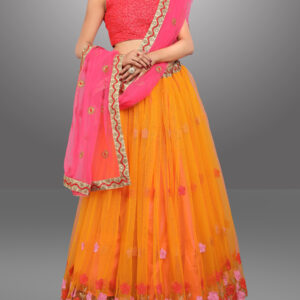 Floral Embroidered Net Multi Color Lehenga by Globaltipsgroup