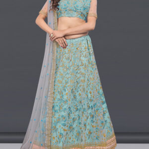 Stylish Skyblue Butterfly Net Thread Work Lehenga by Maavdi