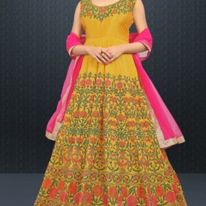 Floral Embroidered Yellow Bamboo Silk Semi-Stitch Gown by Globaltipsgroup