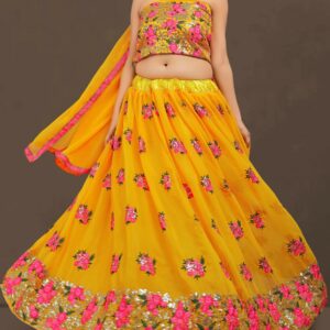 Floral Embroidered Yellow Georgette Wedding Lehenga Choli by Globaltipsgroup