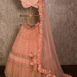 Classy Peach Net Squence Embroidered Ruffle Lehenga by - Globaltipsgroup