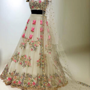 Stunning Off White Chiffon Satin Ribbon Hand Work Lehenga by Globaltipsgroup