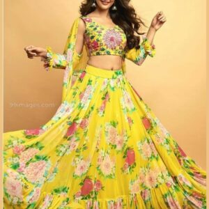 RE - Floral printed yellow faux georgette lehenga By Globaltipsgroup