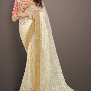 Bollywood Style Beige Nylon Net Multi Thread Work Saree by Globaltipsgroup