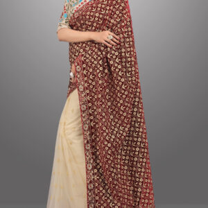 Gorgeous Maroon and Beige Velvet & Net Embroidered Saree by Globaltipsgroup