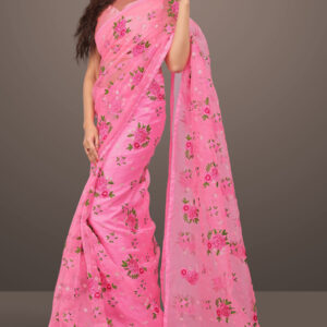 Floral Embroidered Pink Organza Silk Saree by Globaltipsgroup
