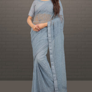 Stylish Grey Net Sequence Thread Embroidered Saree by Globaltipsgroup