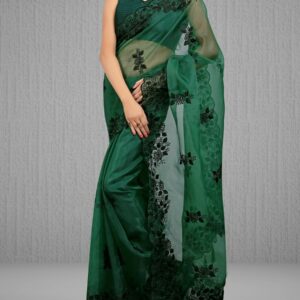Partywear Dark Green Organza Silk Stone Handwork Saree by Globaltipsgroup
