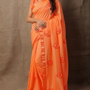 Floral Orange Georgette Ribbon-Work Beautiful Saree by Globaltipsgroup