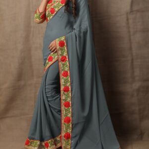 Floral Grey Georgette Ribbon-Work Beautiful Saree by Globaltipsgroup