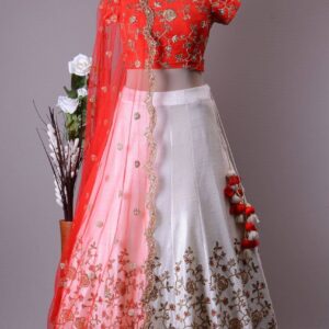 Heavy White Banglory Satin Cut Work Embroidered lehenga For Globaltipsgroup