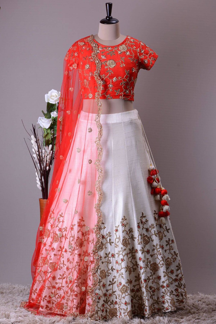 Heavy White Banglory Satin Cut Work Embroidered lehenga For ...