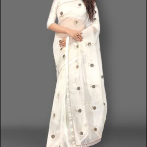 Celebrity Style White Organza Silk Saree For Globaltipsgroup