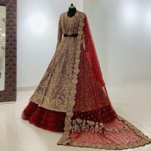 *DESIGNER COLLECTION MAROON GEORGETTE HEAVY EMBROIDERY WORK LEHENGHA WITH NET FOUR LAYER RUFFLE AND CHOLI SET *
