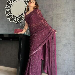 *_NEW PARTY WEAR WINE SEQUANCE WITH EMBROIDERED WORK SAREE WITH BLOUSE *_