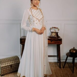 *DESIGNER WHITE GEORGETTE SEQUENCE EMBROIDERY WORK ANARKALI SALWAR SUIT WITH DUPATTA AND BOTTOM*