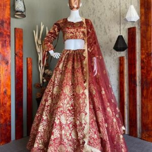 *YANKITA KAPOOR DESIGNER FANCY LOOK MAROON JAQUARD BANARASI SILK LEHENGA CHOLI WITH DUPATTA *