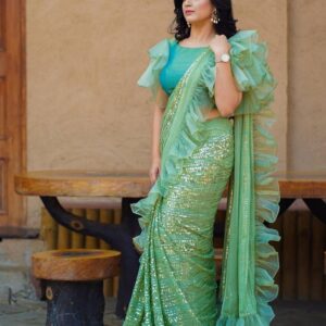 *_NEW BEAUTIFUL HEAVY SEQUENCE EMBROIDERED WORK WITH RUFFLE PARTY WEAR NEW COLOUR TONE SAREE WITH BLOUSE *_
