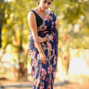 *_NEW BEUTIQUE STYLE TRENDING PRINTED AND EMBROIDERED SAREE UNIQUE OUTFIT ON GEORGETTE AND MOTI HANDWORK WITH BLOUSE *_