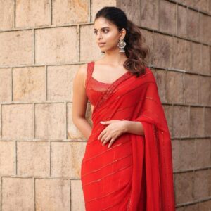 *_BOLLYWOOD CELEBRITY WEAR BOUTIQUE STYLE NEW PARTY WEAR RED SEQUANCE EMBROIDERED WORK SAREE WITH WORK BLOUSE *_
