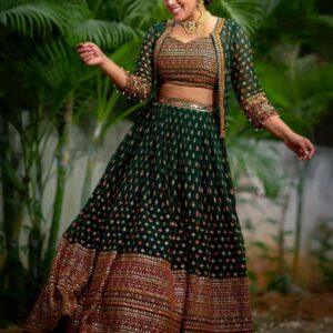 *DARK GREEN SEQUENCE EMBROIDERY WORKED LEHENGHA SET WITH CROPPED JACKET*