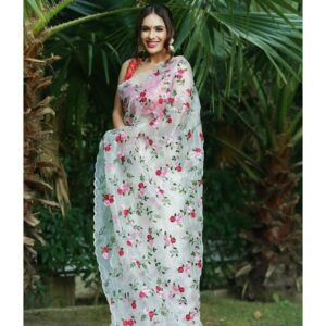 *_NEW BEUTIQUE STYLE TRENDING MULTI THREAD EMBROIDERED SAREE UNIQUE OUTFIT ON KHADI ORGANZA AND MOTI HANDWORK WITH JAQUARD BLOUSE *_
