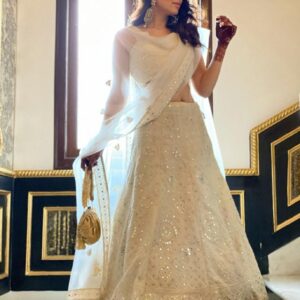 *DESIGNER COLLECTION WHITE FAUX GEORGETTE 9mm SEQUENCE EMBROIDERY WORK LEHENGHA CHOLI SET*