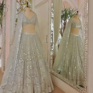 *WHITE GEORGETTE HEAVY SEQUENCE EMBROIDERY WORK AND ALSO REAL MIRROR LEHENGHA CHOLI SET *