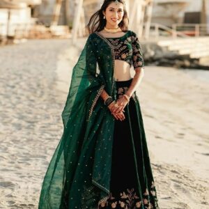 *DESIGNER BEUTIQUE LOOK GREEN VELVET SEQUENCE CORDING WORK LEHENGHA CHOLI WITH DUPATTA*