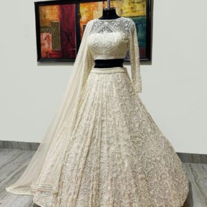 *DESIGNER COLLECTION WHITE GEORGETTE HEAVY EMBROIDERY WORK LEHENGHA CHOLI SET *