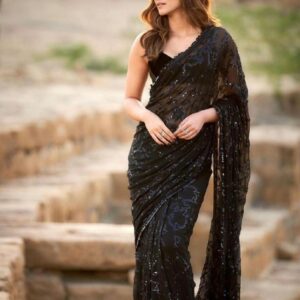 *_NEW DESIGNER PARTY LOOK WEAR BY KRITI SANON BLACK FAUX GEORGETTE WITH TONE TO TONE SEQUANCE EMBROIDERY WORK SAREE WITH WORK BLOUSE *_