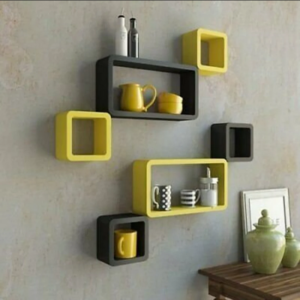 Wall Rack Shelves Set of 4 Cube & 2 Rectangle Shelves Storage ( Black and Yellow ) ,Home Decoration