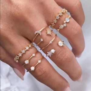 9 pcs vintage gold ring set, boho rings, midi boho rings, cubic zirconia stone rings, gift for her, Opal rings, crown rings, midi rings