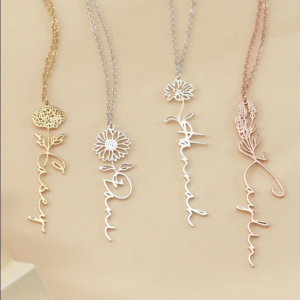 Dainty Name Necklace with Birth Flower, Personalized Name Necklace, Custom Gold Name Jewelry, Birthday Gift for Her, Mother's Day Gifts