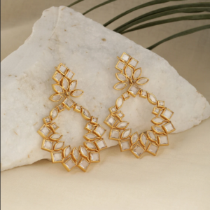 Rose cut earrings gold. Indian wedding dangle earrings. Designer Handmade earrings round. Partywear earrings. Brass gold plated.