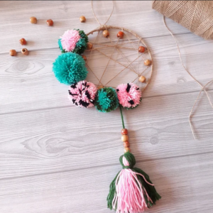 Pompom dream catcher / pompom wall hanging / pink green wall decor / unique gift decorative / Girls Kids Nursery Bedroom Wall Hanging