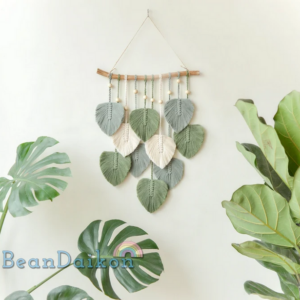 Green Leaves Macrame Wall Hanging, Macrame Feather Wall Decor, Scandinavian Decor, Wall Art, Boho Nursery Decor, Plant Mom Gift, Mothers Day
