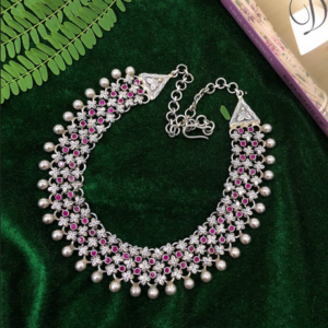 Red colours stones Necklace with Balls beads In 92.5 Sterling Silver Traditional Rajasthani designs Weight= 114.6 gm