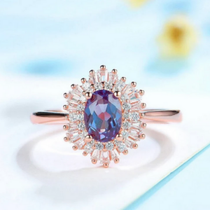 vintage Alexandrite engagement ring set Oval shaped women rose gold unique cut moissanite unique diamond curved wedding band Bridal set