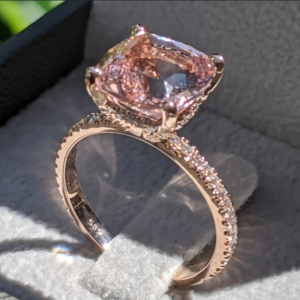 3 1/2 Carat Morganite Engagement Ring Rose Gold Cushion Morganite Ring Hidden Halo Diamonds Cushion Morganite Ring