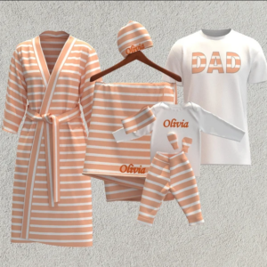 Coral Stripe Matching Baby Coming Home Set, Newborn Swaddle Hospital Set, Maternity Robe, baby girl gift, New Mom Gift, Baby Shower Gift