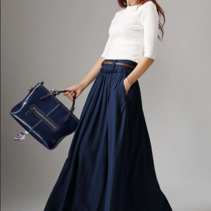 Casual Long Linen Maxi skirt for women, Navy skirt, High waist Long A Line pleated Swing skirt with pocket, women skirt, full skirt