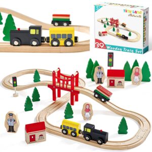 tiny land Wooden Train Set for Toddler, Toy Tracks, Engine, Passenger car (37-Piece Play kit) Kids Friendly Building & Construction | Expandable, Changeable | Fun for Girls & Boys